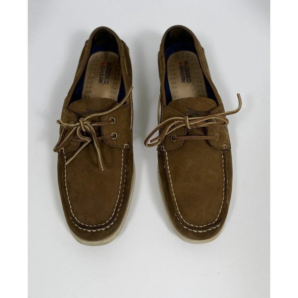 Rugged Shark Men's‎ Leather Boat Shoes Brown Moc Toe Lace Up Deck Size 11.5M